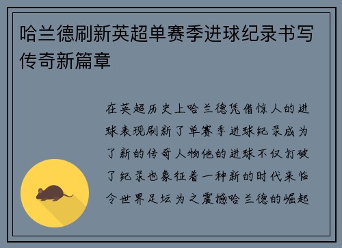 哈兰德刷新英超单赛季进球纪录书写传奇新篇章 哈兰德刷新英超单赛季进球纪录书写传奇新篇章