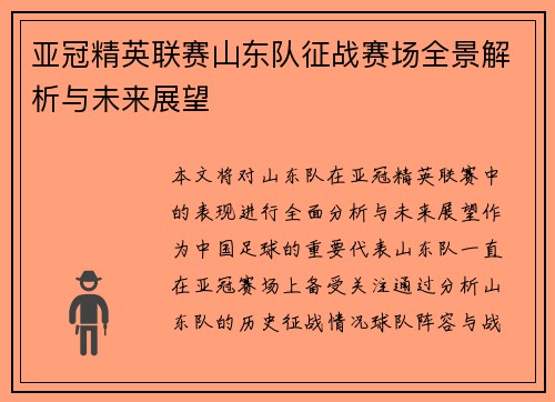 亚冠精英联赛山东队征战赛场全景解析与未来展望 亚冠精英联赛山东队征战赛场全景解析与未来展望
